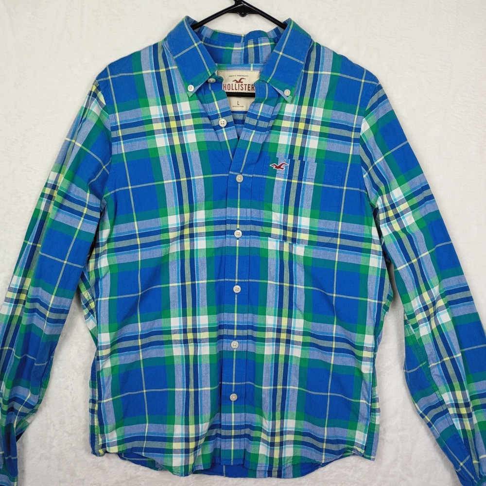 Hollister Mens Blue Green Plaid Button Down Long Sleeve Shirt Large Seagull Logo